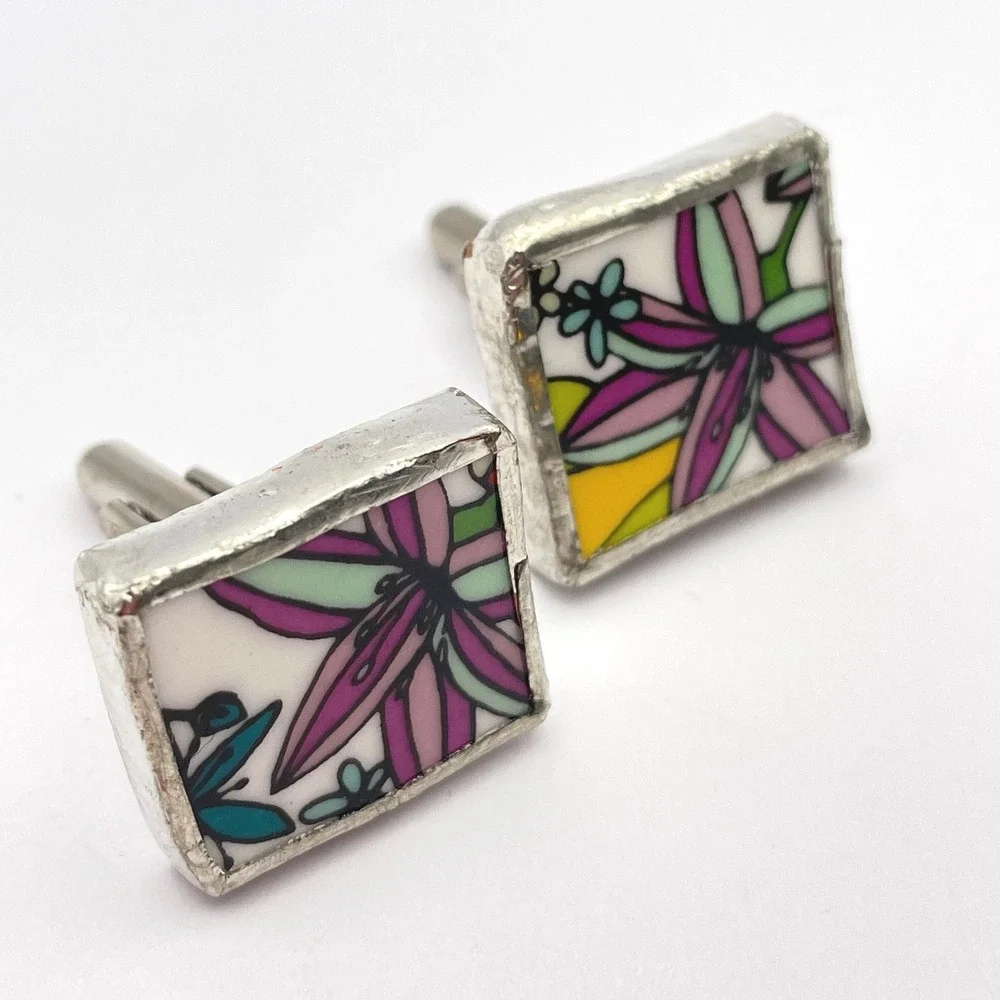 Artisan Made Ceramic Floral Silver Cufflinks Handmade - Picture 4 of 10